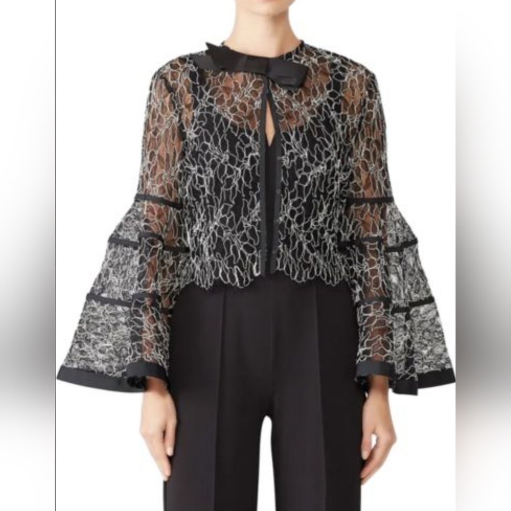 Alexis Floral Lace Sheer Cardigan Topper Top Embroidered Textured L Bell Sleeve